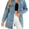 Long Denim Jacket Women Oversized Distressed Midi Jean Jackets Fall Loose Trench Coat Trendy