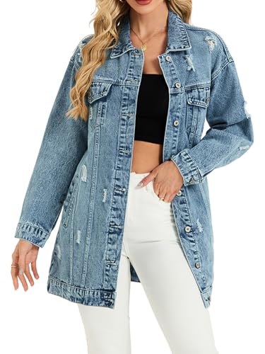Long Denim Jacket Women Oversized Distressed Midi Jean Jackets Fall Loose Trench Coat Trendy