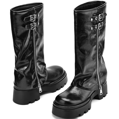 Women's Knee High Riding Boots Chunky Platform Low Heel Round Toe Moto Boots Slouchy Fold Over Wide Calf Motorcycle Biker Boots
