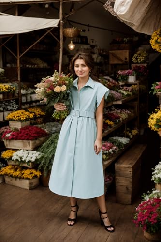 Womens Turn Down Collar Shirt Dress Short Wing Sleeve Button Down Dress Trench Coat Formal Elegant Dress With Belt