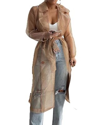 Women's Sheer Mesh Long Sleeve Jacket Summer See Through Belted Button Down Lightweight Cardigan
