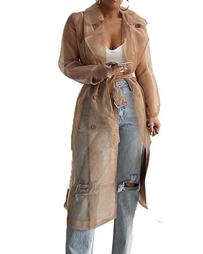 Women's Sheer Mesh Long Sleeve Jacket Summer See Through Belted Button Down Lightweight Cardigan