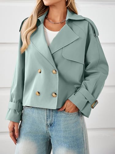 Womens Cropped Trench Coat Oversized Double Breasted Lapel Long Sleeve Short Jacket Fashion Outerwear
