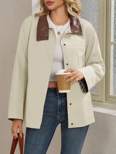Womens Trench Coat Oversized Fall Barn Jacket Leather Collar Plaid Color Block Windproof Overcoat