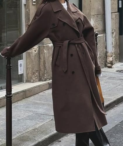 Women's Winter Double Breasted Long Coat Notch Lapel Long Sleeve Wool Blend Trench Coat with Belt