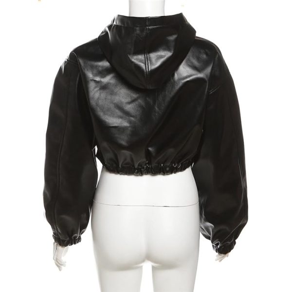 Leather Jacket Women Zip up Hoodies Motorcycle Bomber Jacket Streetwear Cropped Trench Coat for Women