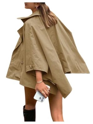 Women's Button Down Jacket Collared Long Sleeve Cloak Poncho Cape Trench Coat