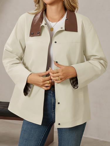 Womens Trench Coat Oversized Fall Barn Jacket Leather Collar Plaid Color Block Windproof Overcoat