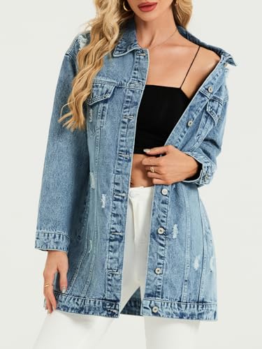 Long Denim Jacket Women Oversized Distressed Midi Jean Jackets Fall Loose Trench Coat Trendy
