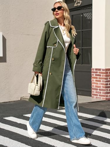 Womens Long Trench Coat Casual Double Breasted Windproof Jacket Classic Lapel Overcoat with Belt