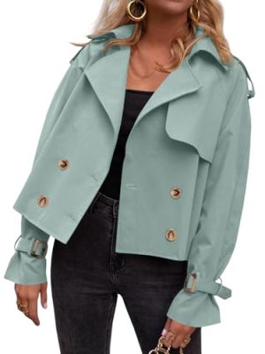 Womens Cropped Trench Coat Oversized Double Breasted Lapel Long Sleeve Short Jacket Fashion Outerwear