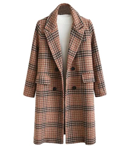Women's Plaid Trench Coat Double Breasted Long Peacoat Winter Camel Peak Lapel Loose Woolen Jacket Outerwear