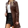 Women's Mid Length Faux PU Leather Trench Coat Long Sleeve Zip Up Lapel Long Jacket Overcoat with Belt