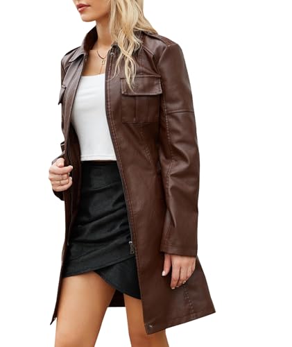 Women's Mid Length Faux PU Leather Trench Coat Long Sleeve Zip Up Lapel Long Jacket Overcoat with Belt