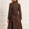 Faux Suede Trench Coat for Women's Notched Lapel Double Breasted Belted Long Sleeve Coats