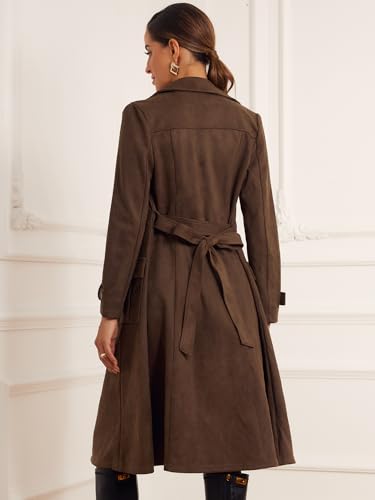 Faux Suede Trench Coat for Women's Notched Lapel Double Breasted Belted Long Sleeve Coats