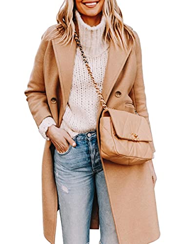 Womens Notched Lapel Collar Double Breasted Pea Coat Winter Wool Blend Over Coats Long Jackets