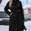 Womens Long Wool Pea Coat Notched Lapel Double Breasted Trench Coat Winter Warm Overcoat with Belt