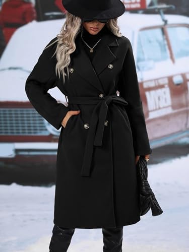 Womens Long Wool Pea Coat Notched Lapel Double Breasted Trench Coat Winter Warm Overcoat with Belt