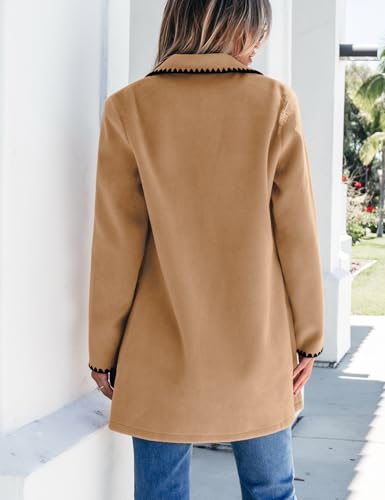 Pea Coats for Women Trendy Embroidered Contrast Trim Long Peacoat Jackets Lapel Button Winter Coat with Pockets