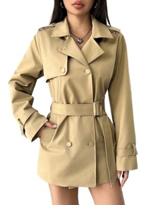 womens trench coat Long Sleeve Double Breasted Casual Short Trench Coat