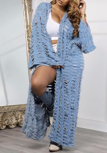 Women's Oversized Ripped Denim Long Cardigan Distressed Hollow Open Front Kimono Robe Duster Jean Jacket Coat