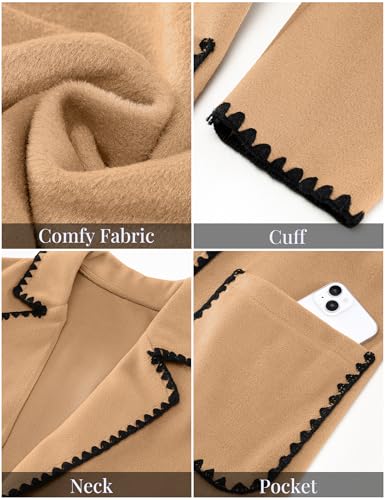 Pea Coats for Women Trendy Embroidered Contrast Trim Long Peacoat Jackets Lapel Button Winter Coat with Pockets