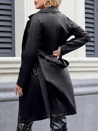 Leather Jacket Women Trench Coat Long Loose Button Jacket Open Front Motorcycle Coat with Belt