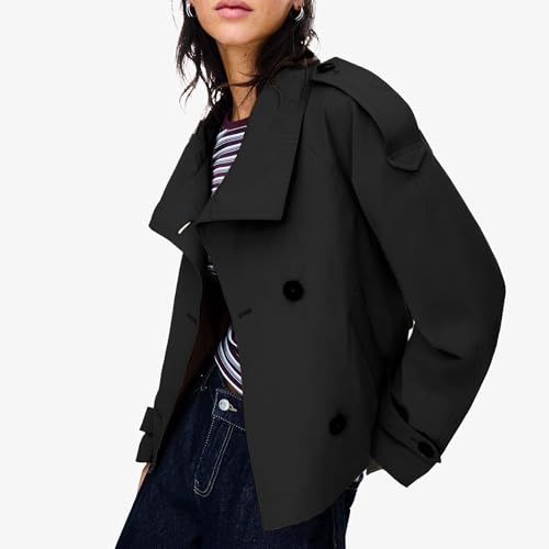 Women's Cropped Trench Coat Double Breasted Short Jacket High Collar Fall Winter Coats Trendy Outfit with Belt