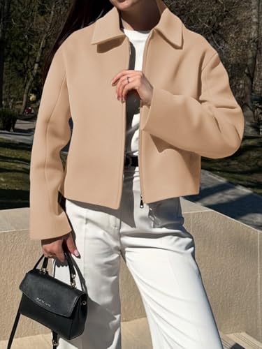 Womens Cropped Pea Coats Zip Up Short Casual Bomber Wool Blend Jackets Barn Fall Outerwear with Pockets