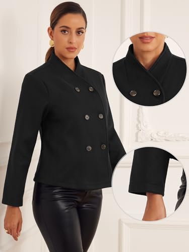 Winter Pea Coat for Women's Casual Stand Collar Short Cropped Double Breasted Jacket