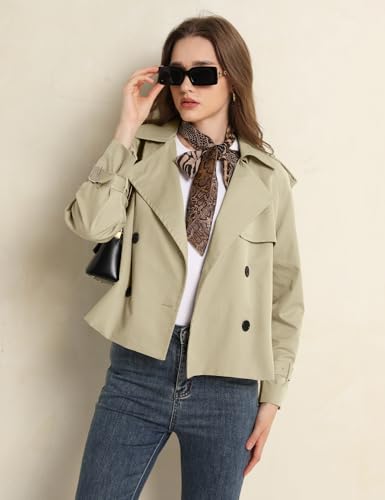 Women's Fall Cropped Trench Coat Double Breasted Casual Trendy Work Office Travel Short Jackets Outerwear with Pocket