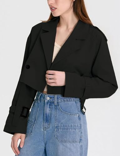 Womens Cropped Bike Jacket Casual Double Breasted Trench Coat with Belt
