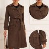 Faux Suede Trench Coat for Women's Notched Lapel Double Breasted Belted Long Sleeve Coats