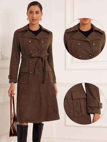Faux Suede Trench Coat for Women's Notched Lapel Double Breasted Belted Long Sleeve Coats