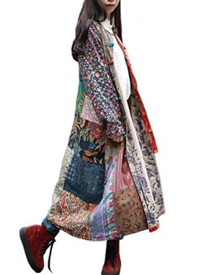 Women's Trench Coat Floral Print Long Cotton Linen Jacke Cottagecore Clothing Patchwork Outwear Bohemian unique
