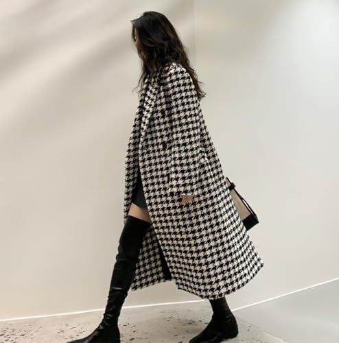 Women's Houndstooth Wool Trench Coat Notch Lapel Maxi Long Overcoat Double Breasted Peacoat