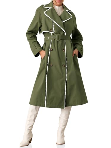 Womens Long Trench Coat Casual Double Breasted Windproof Jacket Classic Lapel Overcoat with Belt