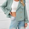 Womens Cropped Trench Coat Oversized Double Breasted Lapel Long Sleeve Short Jacket Fashion Outerwear