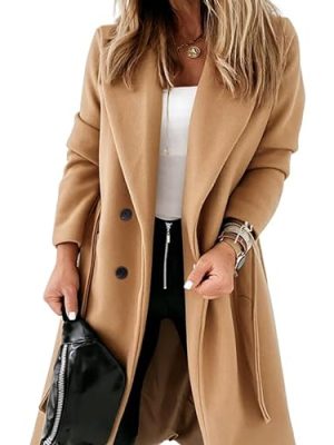 Women's Double Breasted Wool Blend Coat Winter Notched Lapel Belted Peacoat Mid Long Jacket