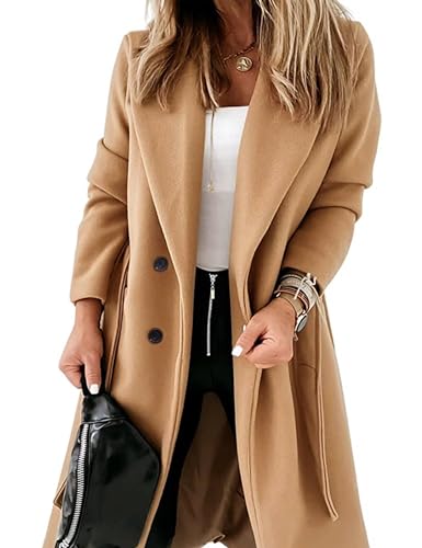 Women's Double Breasted Wool Blend Coat Winter Notched Lapel Belted Peacoat Mid Long Jacket