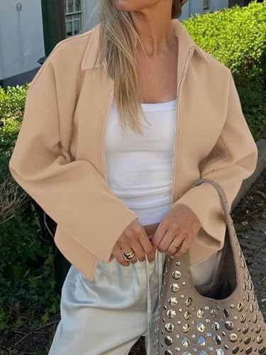Womens Cropped Pea Coats Zip Up Short Casual Bomber Wool Blend Jackets Barn Fall Outerwear with Pockets