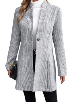 Womens Long Sleeve Casual Wool Jacket Blazer 1 Button Winter Coat Mid-Long Stand Collar Open Front Overcoat