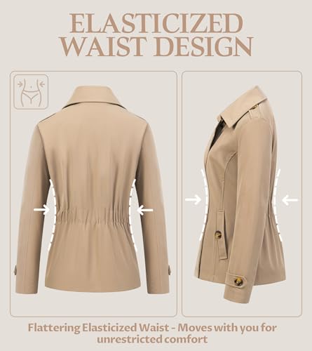 Women's Cropped Trench Coat Classic Double Breasted Lapel Jacket Water Repellent Outerwear