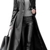 Women's Trench Coat Leather Lambskin Long Overcoat Jacket Real Genuine Black-Red For Women