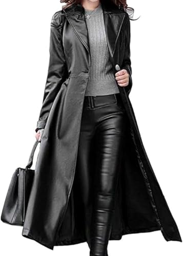 Women's Trench Coat Leather Lambskin Long Overcoat Jacket Real Genuine Black-Red For Women