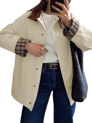 Womens Trench Coat Oversized Fall Barn Jacket Leather Collar Plaid Color Block Windproof Overcoat