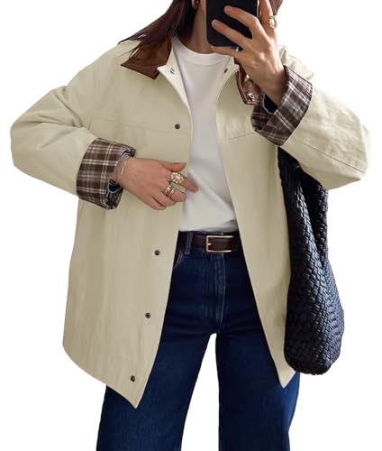 Womens Trench Coat Oversized Fall Barn Jacket Leather Collar Plaid Color Block Windproof Overcoat