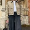 Women's Cropped Trench Coat Casual Zip Up Jacket Work Jackets with Pockets Outerwear