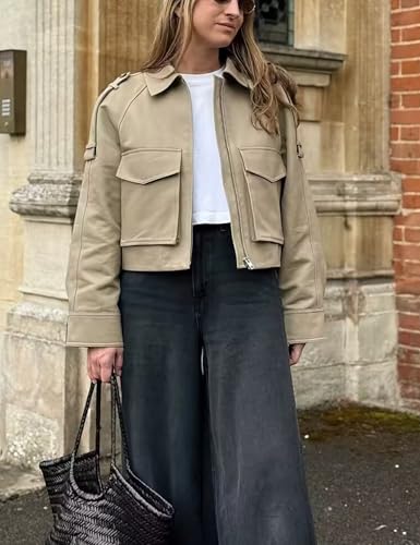 Women's Cropped Trench Coat Casual Zip Up Jacket Work Jackets with Pockets Outerwear